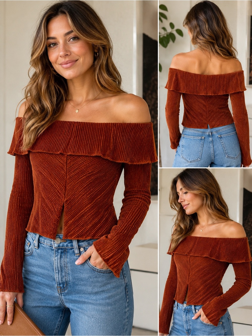 NWT Lelis Collection Rust Ribbed Off Shoulder Boutique Top Medium Fall Boho